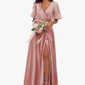 Brand new :pleated V Neck Satin Dress with Slit Formal Prom /wedding/Party